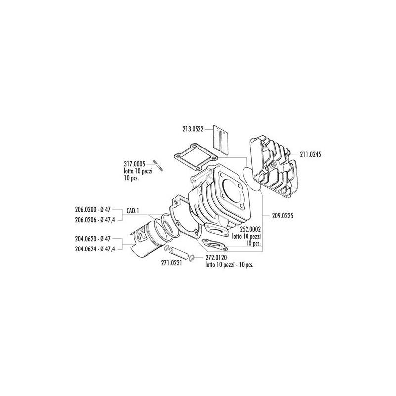 166.0054 KIT GRUPPO TERMICO YAMAHA BWS,CRZ,CT-MBK BOOSTER D.47 SENZA TESTA | POLINI